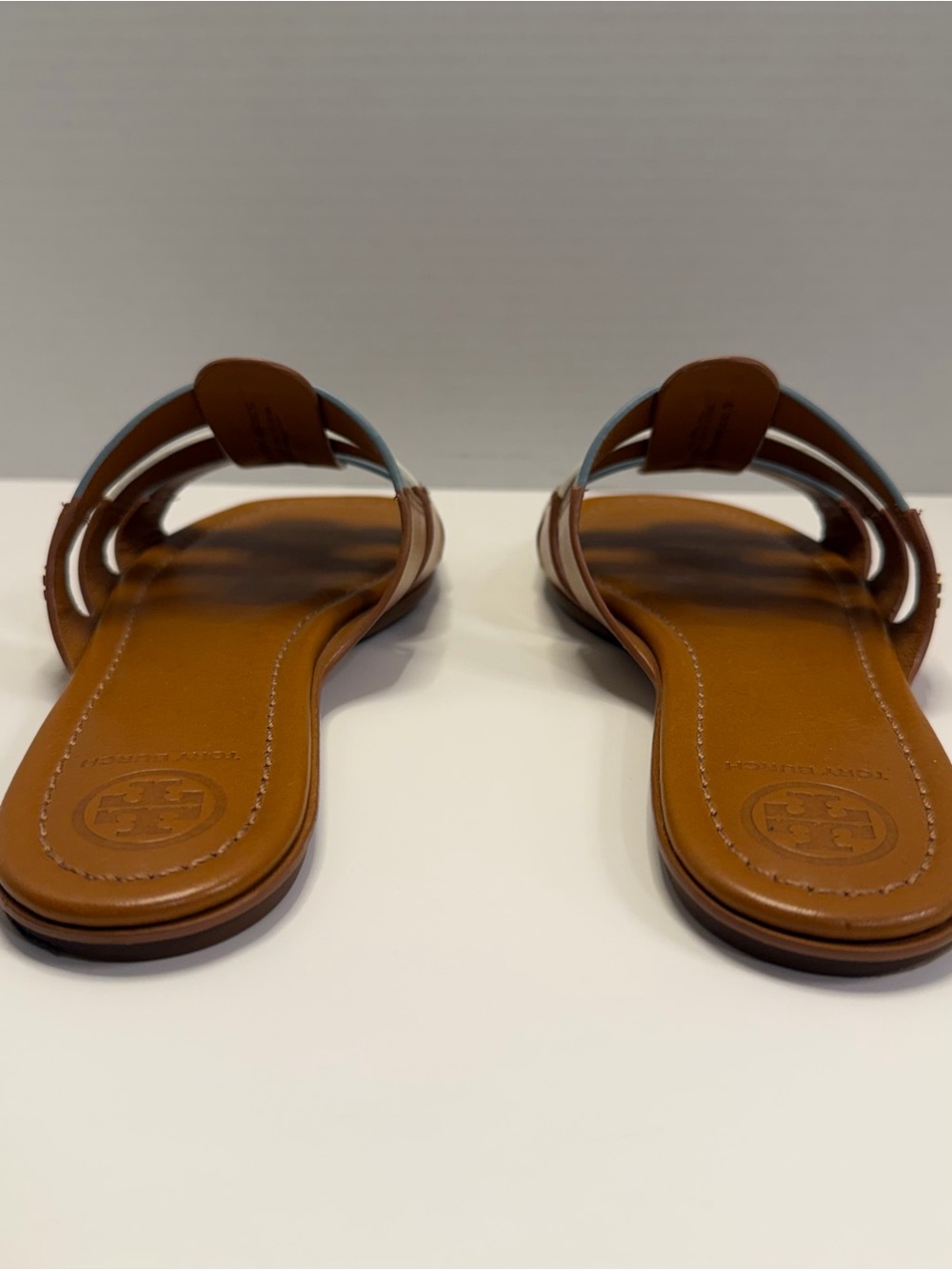 Tory Burch Multi Strap Slide Sandals Leather Blue White Brown Size 7 - Picture 5 of 13